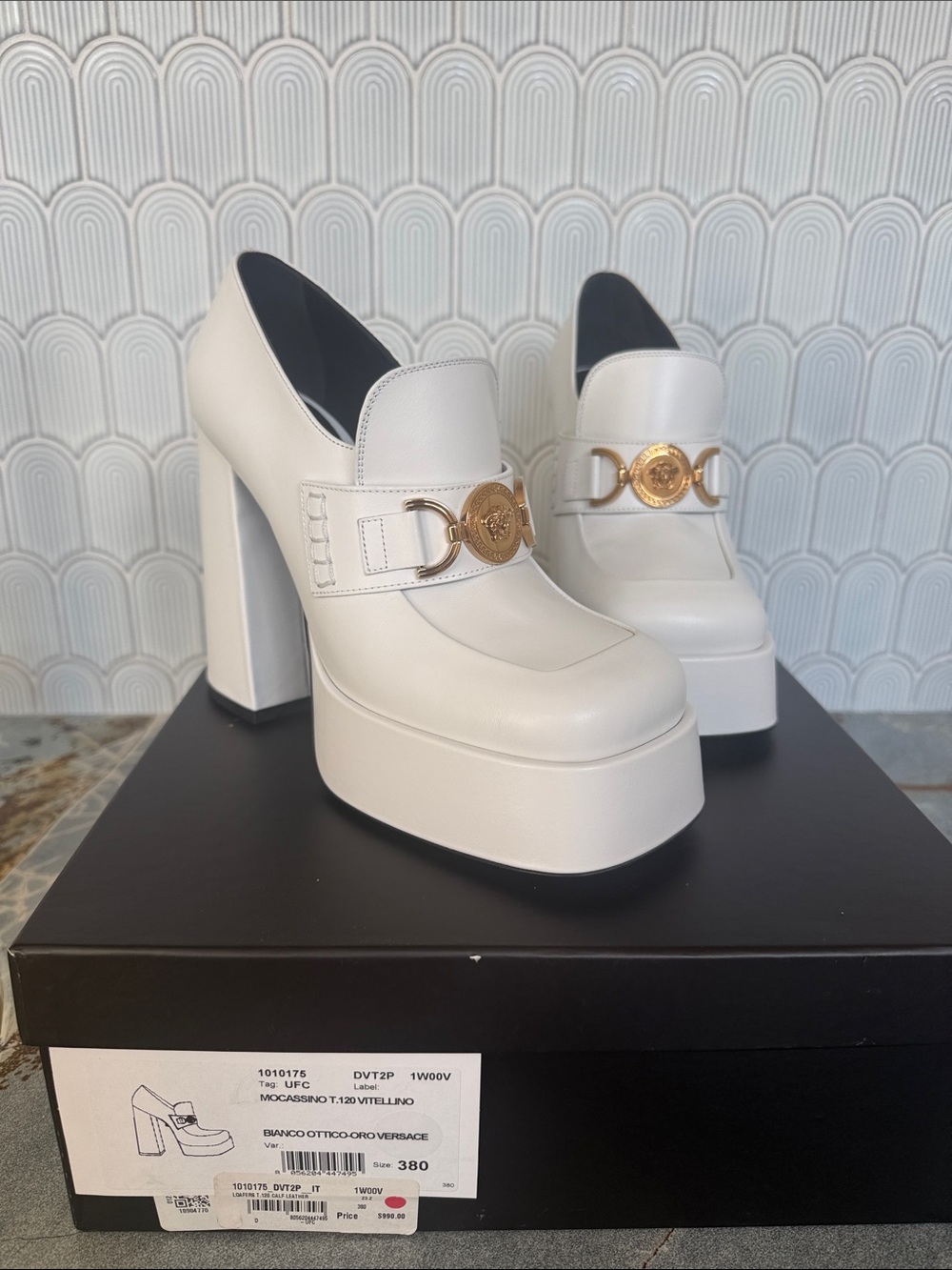 Versace White Medusa Aevitas Platform Loafers with Gold Medallion